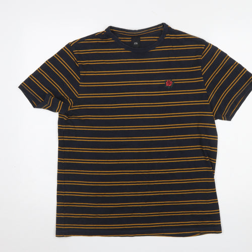 River Island Men's Blue Striped Rose Embroidered Cotton T-Shirt Size M