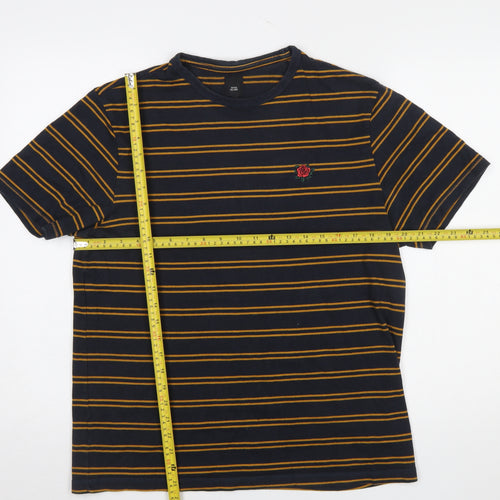 River Island Men's Blue Striped Rose Embroidered Cotton T-Shirt Size M