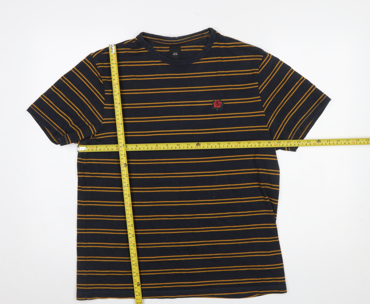 River Island Men's Blue Striped Rose Embroidered Cotton T-Shirt Size M