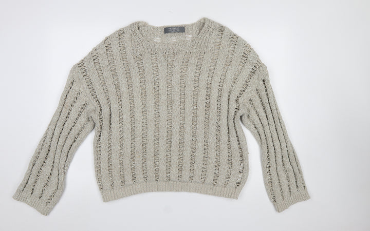 Primark Women Beige Open-Knit Crew Neck Cotton Jumper L