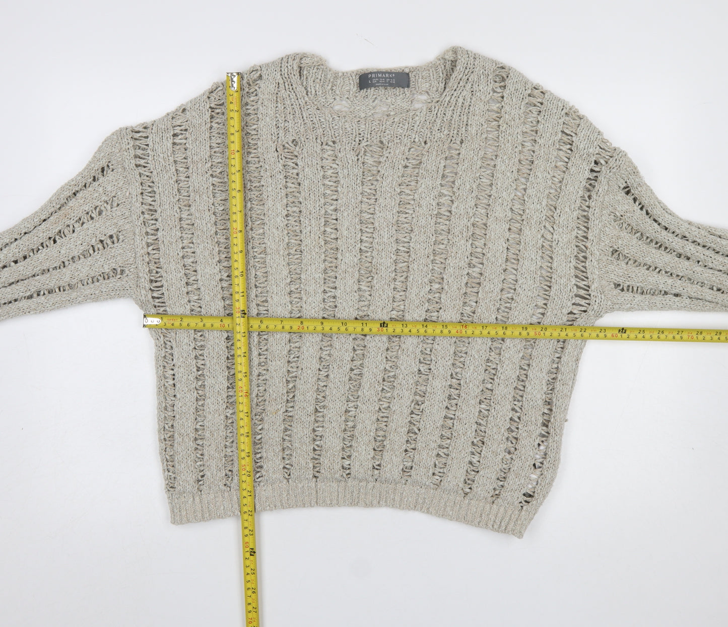 Primark Women Beige Open-Knit Crew Neck Cotton Jumper L