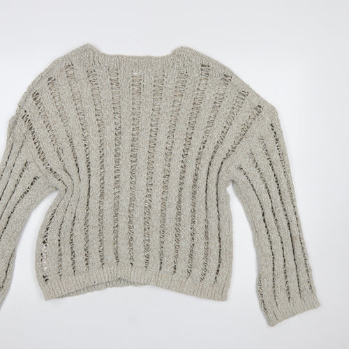 Primark Women Beige Open-Knit Crew Neck Cotton Jumper L