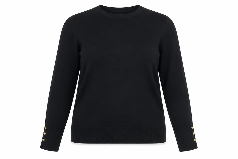 Front view of M&Co Women’s Black Crew Neck Button Sleeve Jumper, size UK 14