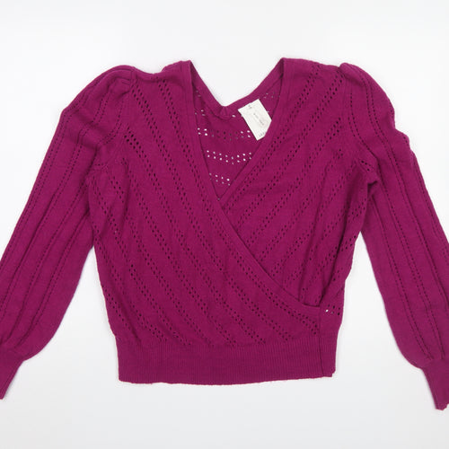 Thought Women Magenta Wrap Jumper Size 12 Cotton Blend Knit V-Neck Long Sleeve