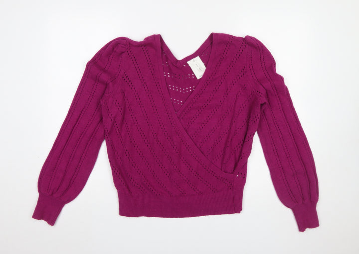 Thought Women Magenta Wrap Jumper Size 12 Cotton Blend Knit V-Neck Long Sleeve