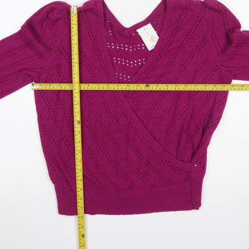 Thought Women Magenta Wrap Jumper Size 12 Cotton Blend Knit V-Neck Long Sleeve