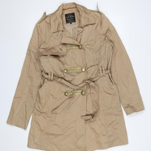 River Island Women Beige Trench Coat Size 12 Belted Mid-Length Classic Style