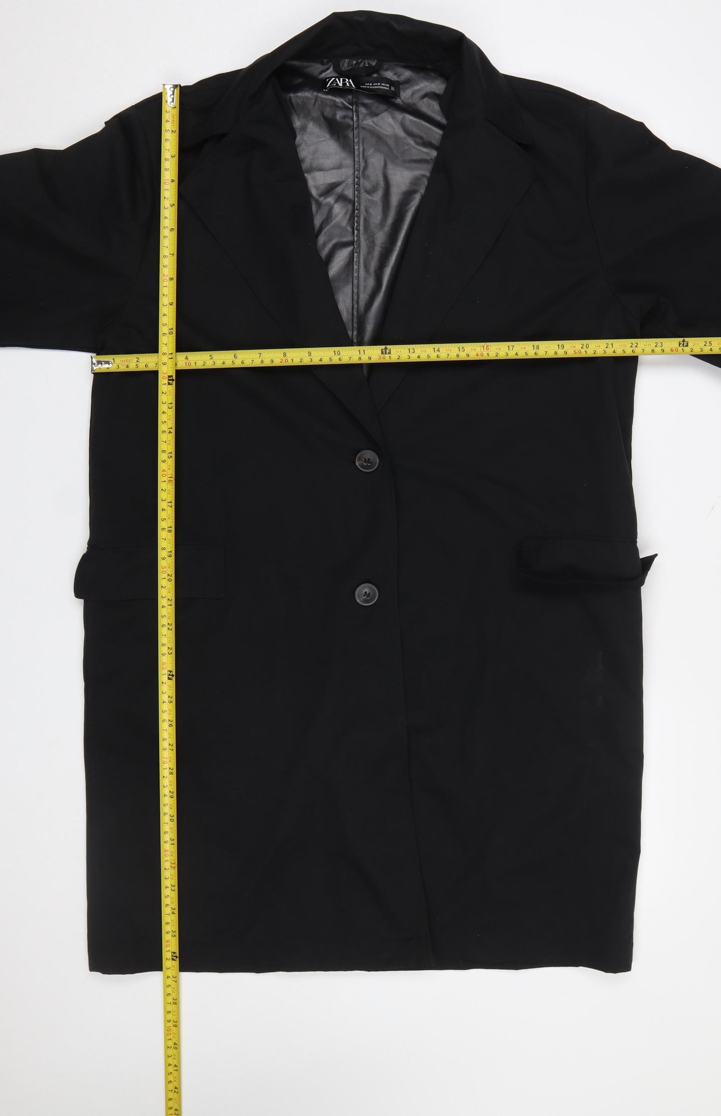 Zara Women Black Mid-Length Overcoat M Classic Buttoned Polyester
