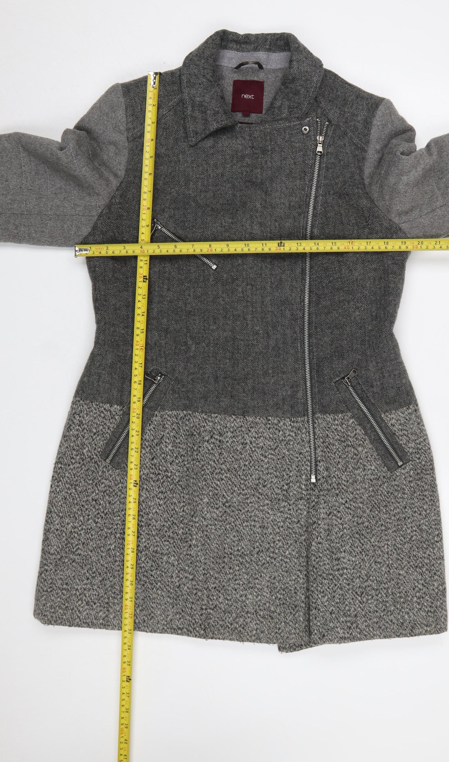 Next Women’s Grey Wool Blend Biker Coat Size 14 Zip Herringbone
