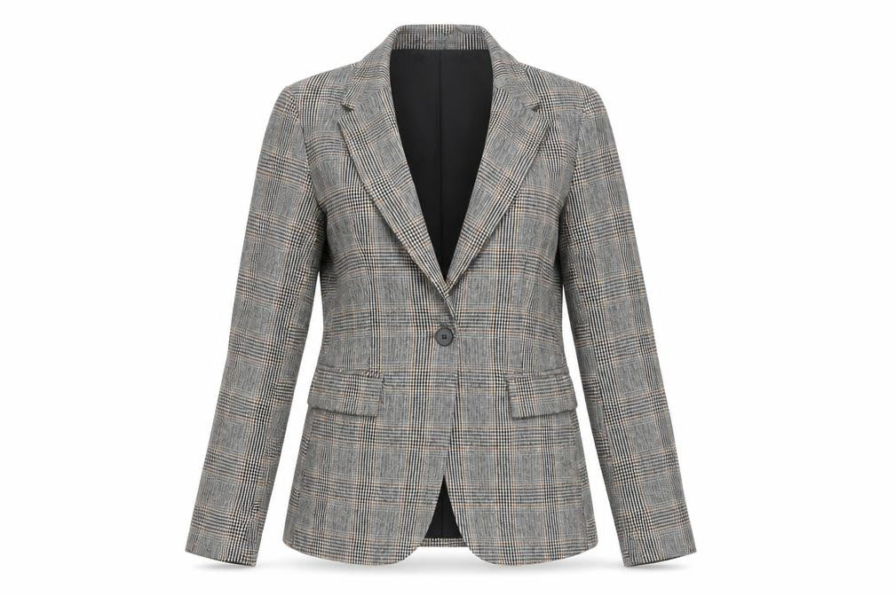 Front view of Maison d'Amélie Women's Grey Checked Wool Blend Single-Breasted Blazer XS