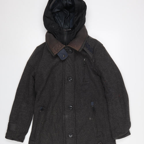 Superdry Men's Grey Wool Blend Hooded Overcoat XS