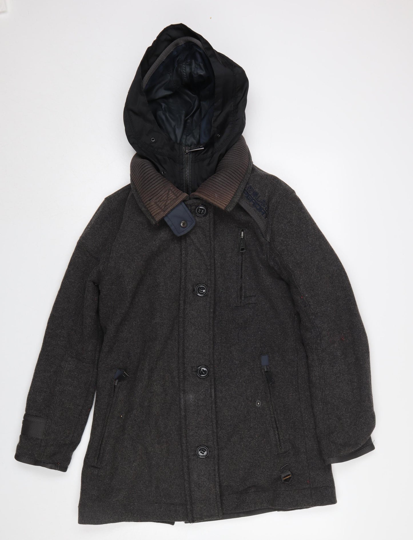 Superdry Men's Grey Wool Blend Hooded Overcoat XS
