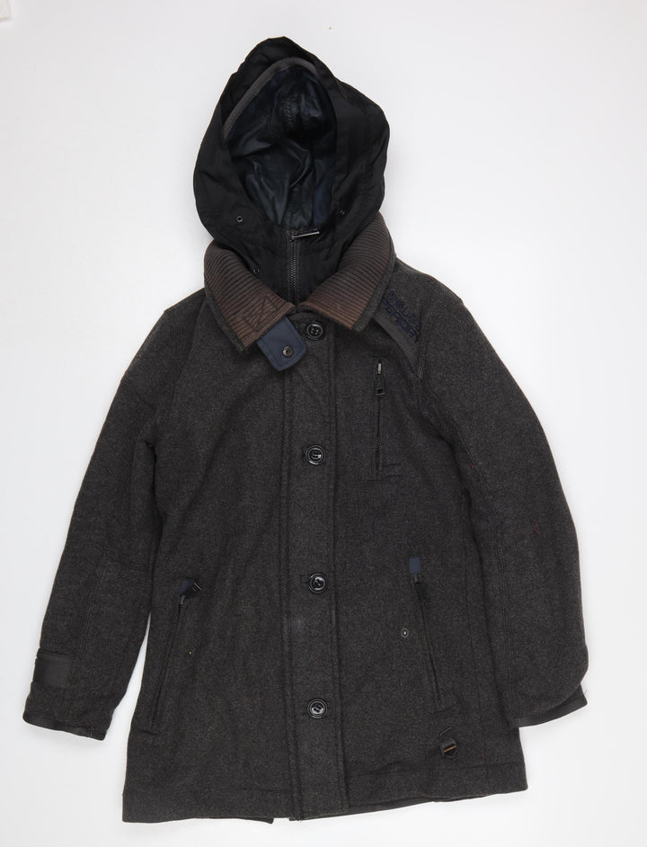 Superdry Men's Grey Wool Blend Hooded Overcoat XS