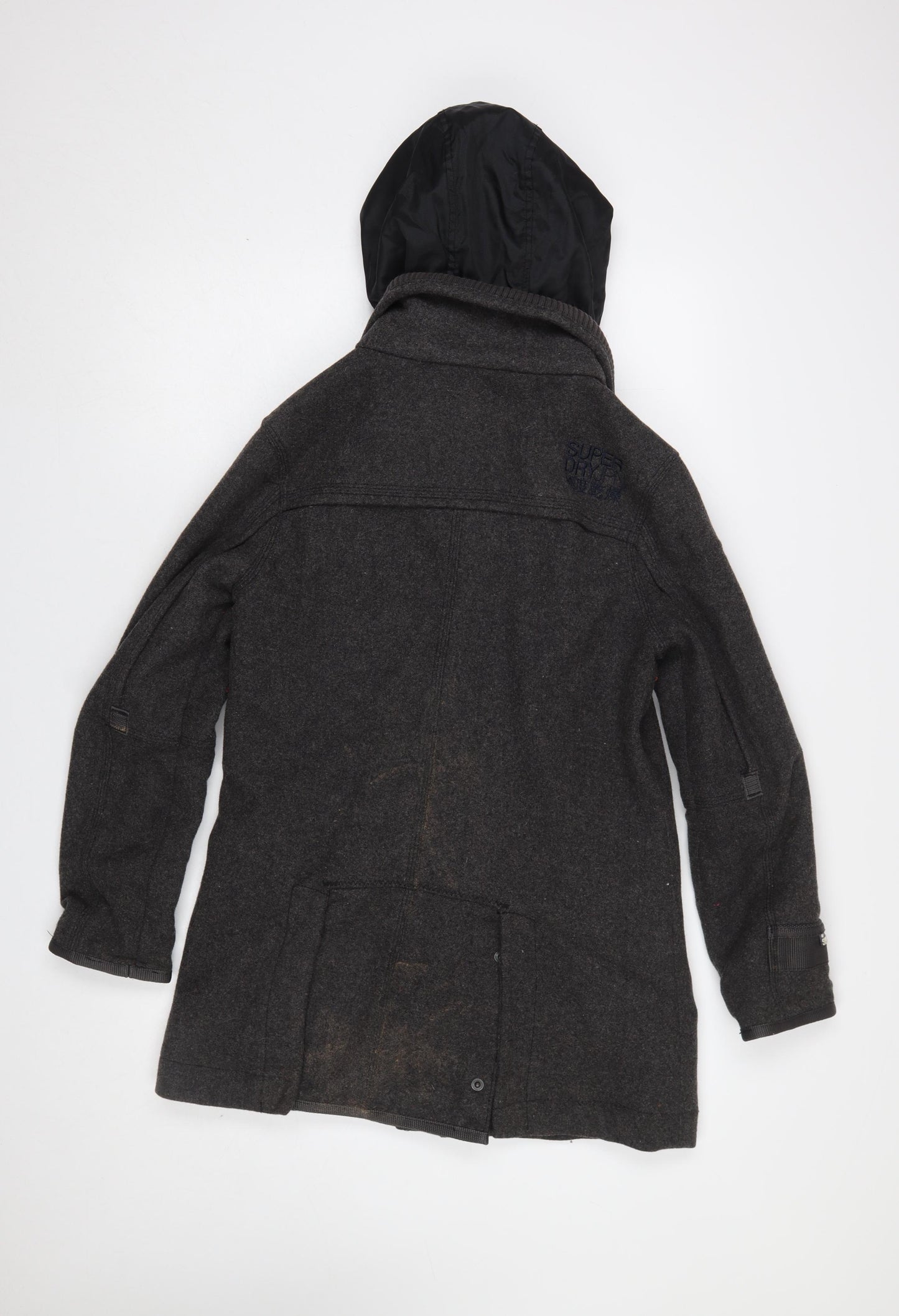 Superdry Men's Grey Wool Blend Hooded Overcoat XS