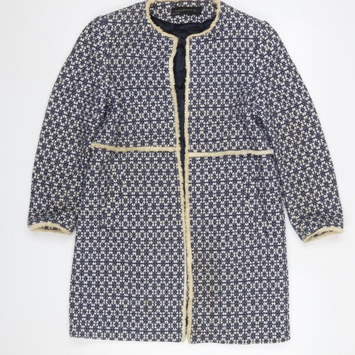 Zara Women Blue Tweed Mid-Length Coat Size 12 Fringe Detail