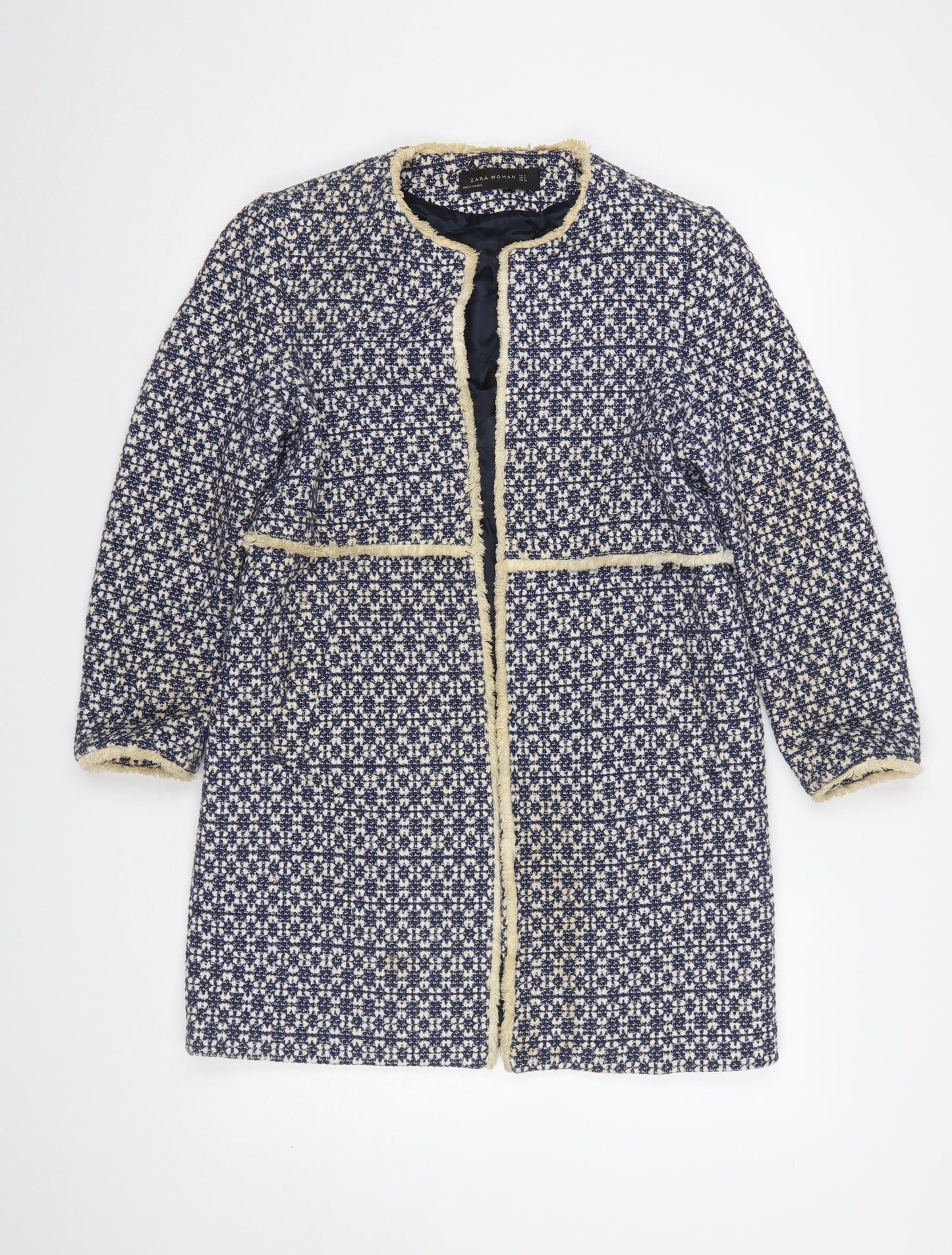 Zara Women Blue Tweed Mid-Length Coat Size 12 Fringe Detail