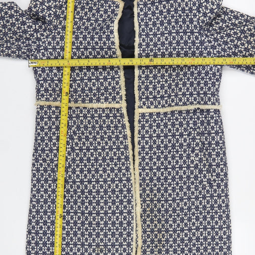 Zara Women Blue Tweed Mid-Length Coat Size 12 Fringe Detail