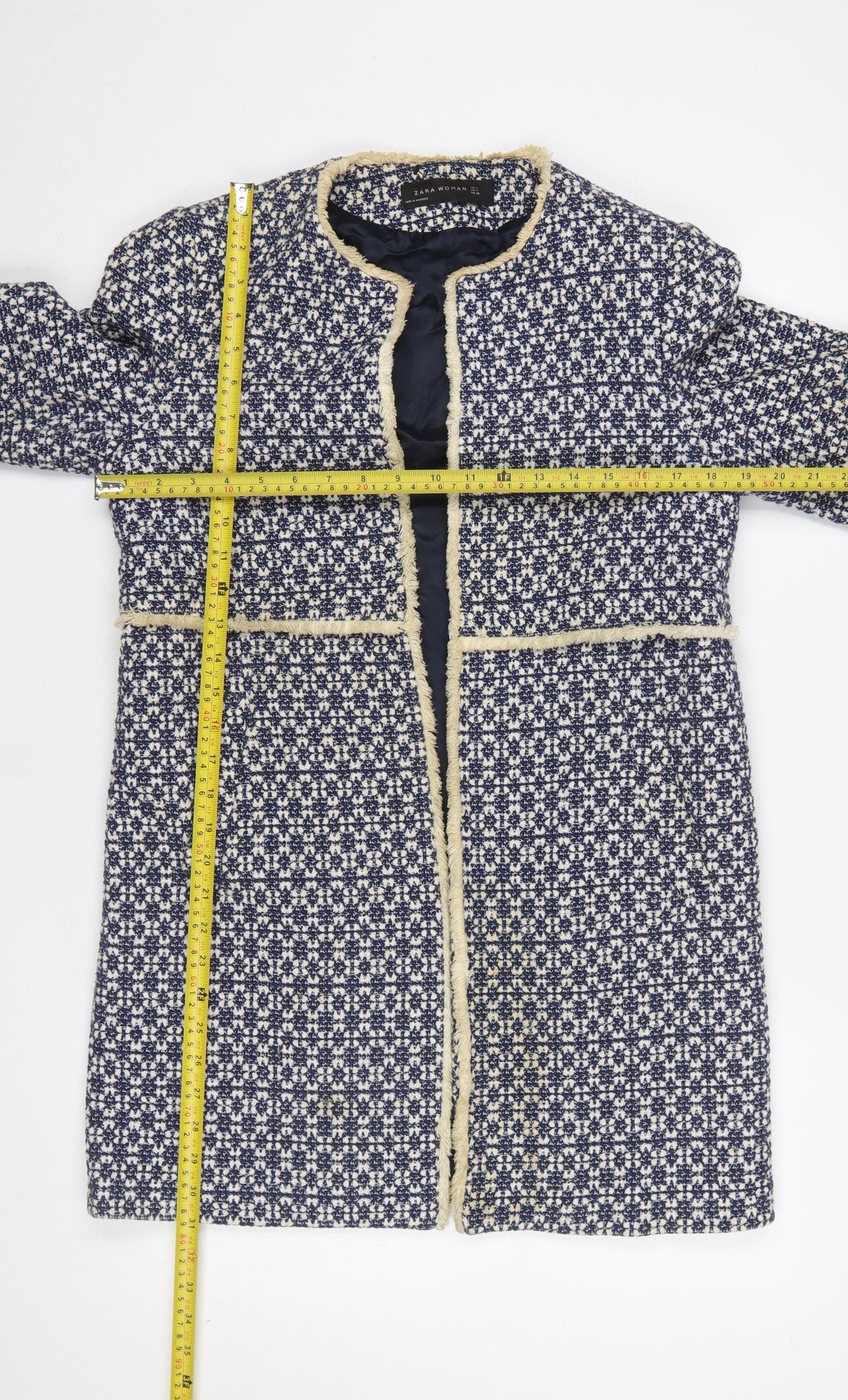 Zara Women Blue Tweed Mid-Length Coat Size 12 Fringe Detail