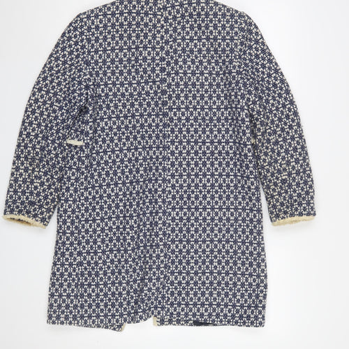 Zara Women Blue Tweed Mid-Length Coat Size 12 Fringe Detail