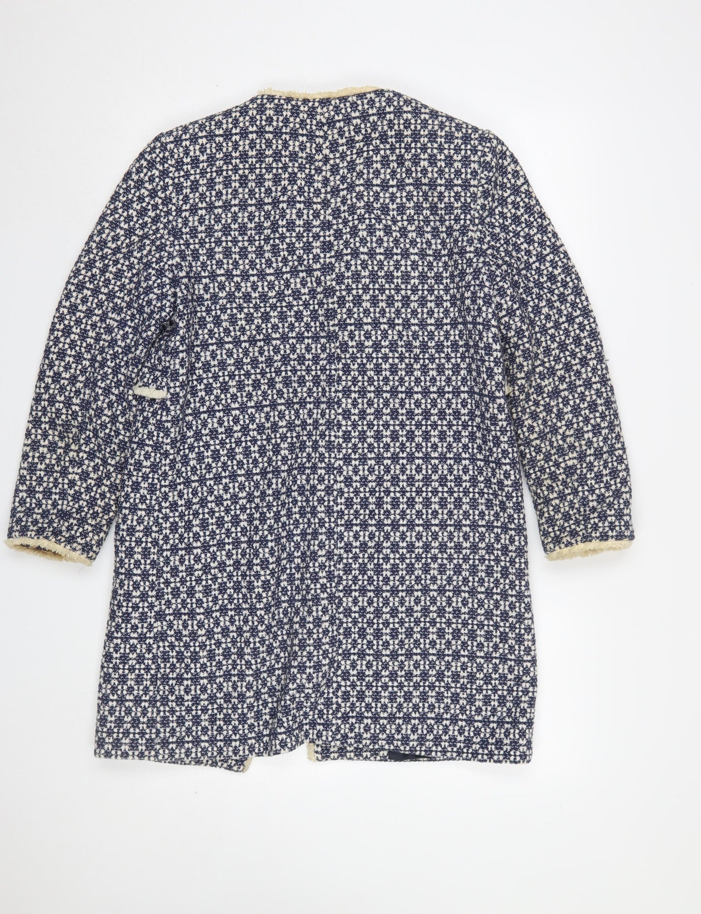 Zara Women Blue Tweed Mid-Length Coat Size 12 Fringe Detail