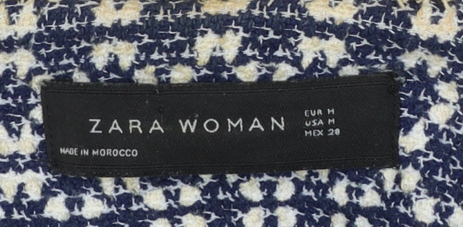 Zara Women Blue Tweed Mid-Length Coat Size 12 Fringe Detail