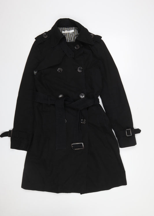 Zara Basic Women's Black Trench Coat Size 12 Belted Mid-Length