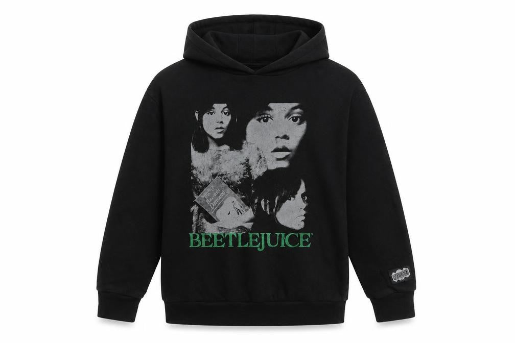 Front view of Primark girls’ black beetlejuice pullover hoodie 12-13 years