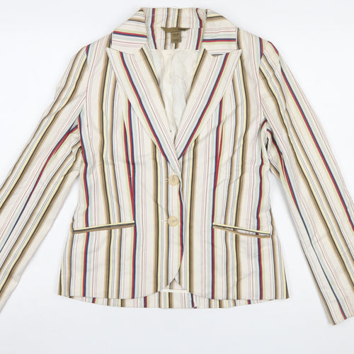 H&M Women Beige Multicoloured Striped Blazer UK 10 Two-Button Cotton Blend