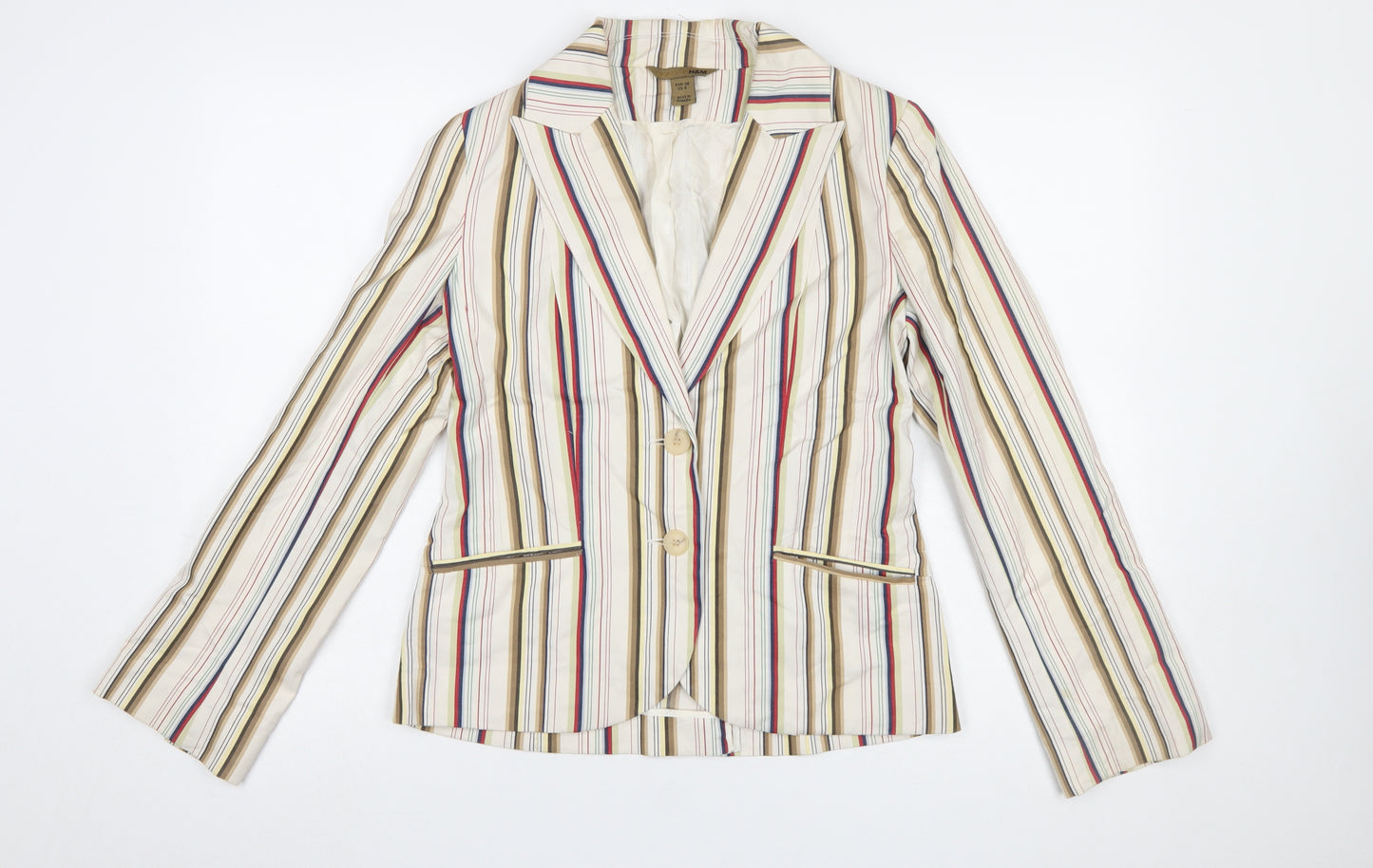 H&M Women Beige Multicoloured Striped Blazer UK 10 Two-Button Cotton Blend