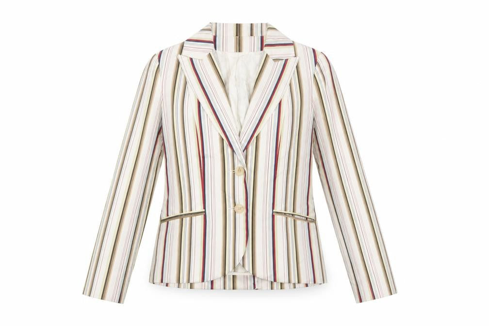 Front view of H&M Women Beige Multicoloured Striped Blazer UK 10 Two-Button Cotton Blend