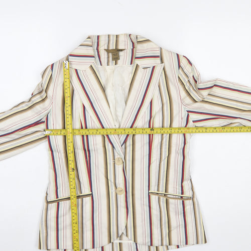 H&M Women Beige Multicoloured Striped Blazer UK 10 Two-Button Cotton Blend