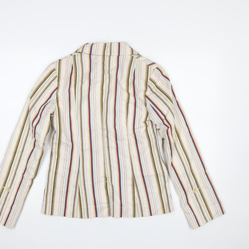 H&M Women Beige Multicoloured Striped Blazer UK 10 Two-Button Cotton Blend