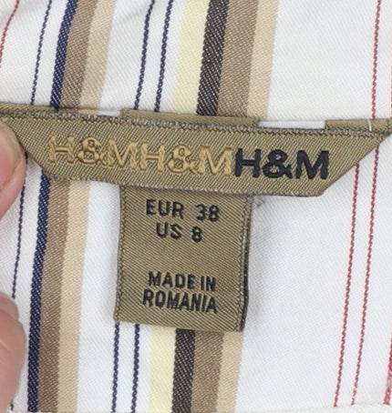 H&M Women Beige Multicoloured Striped Blazer UK 10 Two-Button Cotton Blend