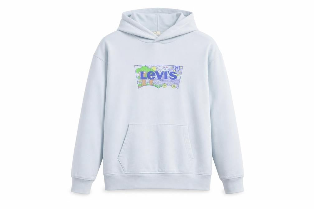 Front view of Levi's Women Blue Pullover Hoodie Medium Cotton Blend Graphic Print