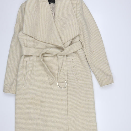 MNG Womens Beige Wool Blend Long Belted Overcoat Size 12