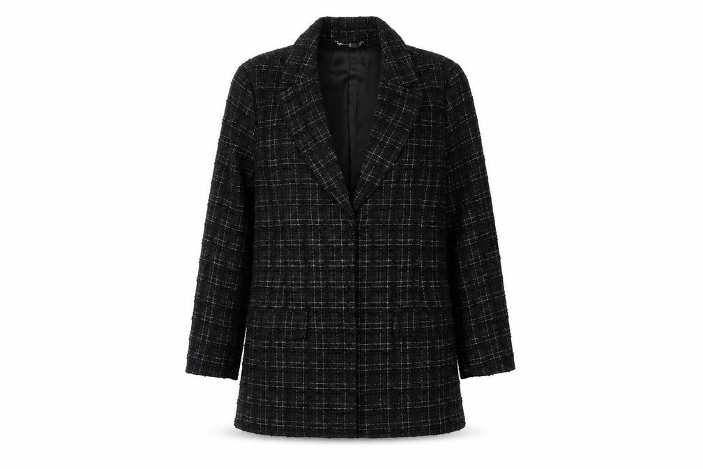 Front view of Ruth Langsford Women's Black Check Bouclé Blazer Jacket, size 18