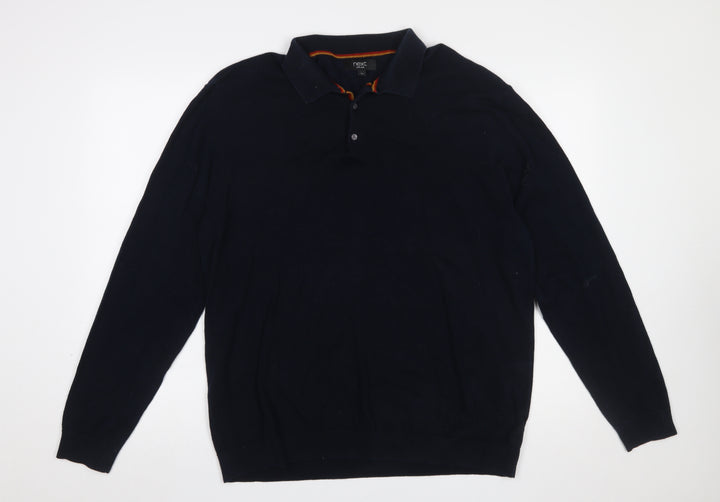 Next Men’s Black Cotton Collared Henley Jumper XL Classic Fit