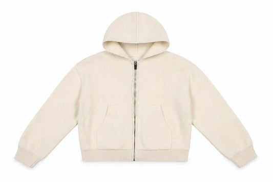 Front view of Zara girls’ beige full zip hooded cardigan, size 13-14, years knit jumper