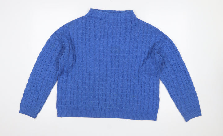 MNG Women’s Blue Cable Knit Mock Neck Cotton Blend Jumper Size 12