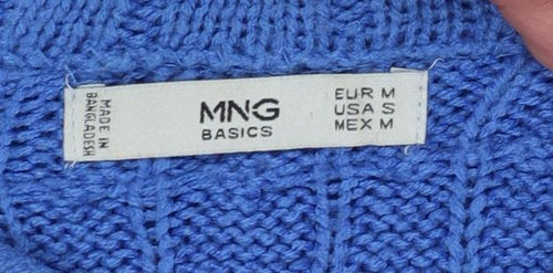 MNG Women’s Blue Cable Knit Mock Neck Cotton Blend Jumper Size 12