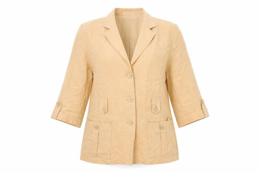 Front view of Mios Cassidy Women's Beige Linen Blazer Jacket, size 14, Classic Tailored Style