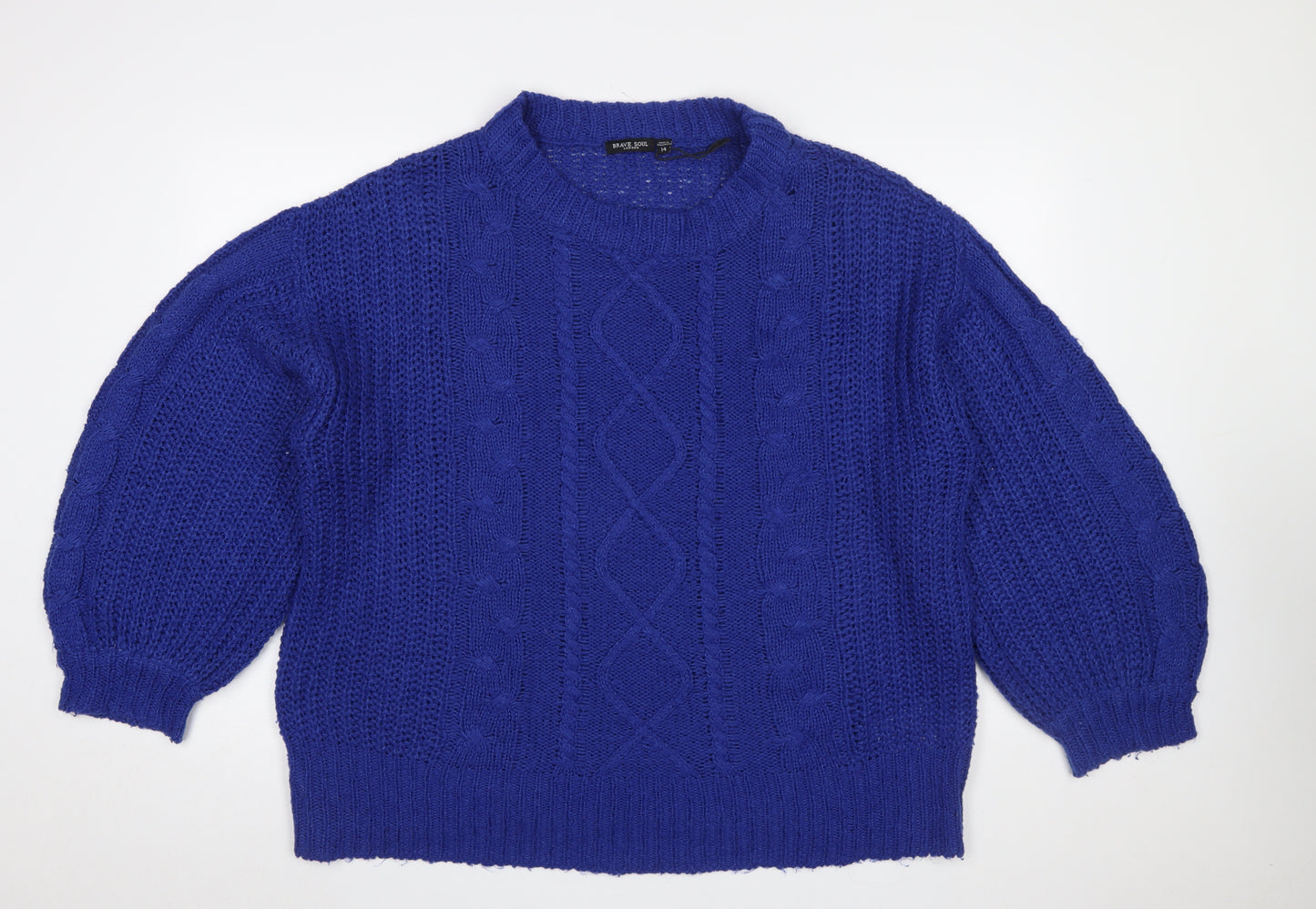 Brave Soul Women Blue Cable Knit Crew Neck Jumper Size 14