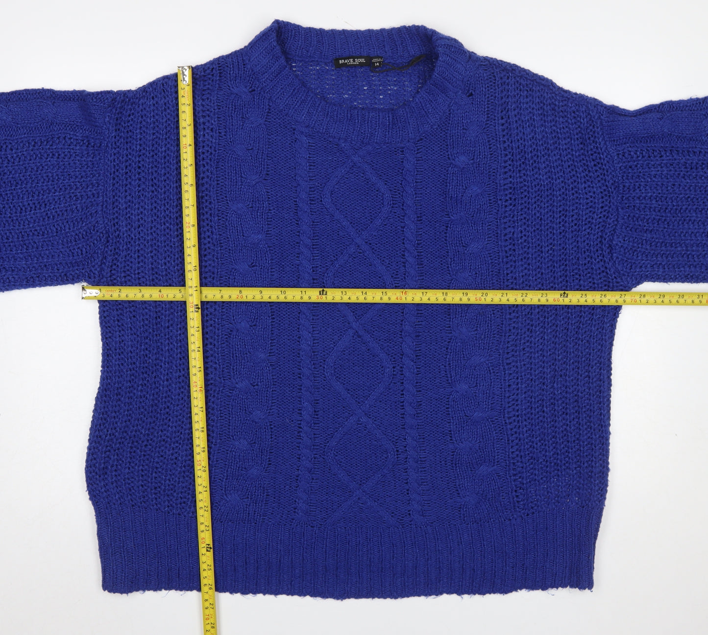 Brave Soul Women Blue Cable Knit Crew Neck Jumper Size 14