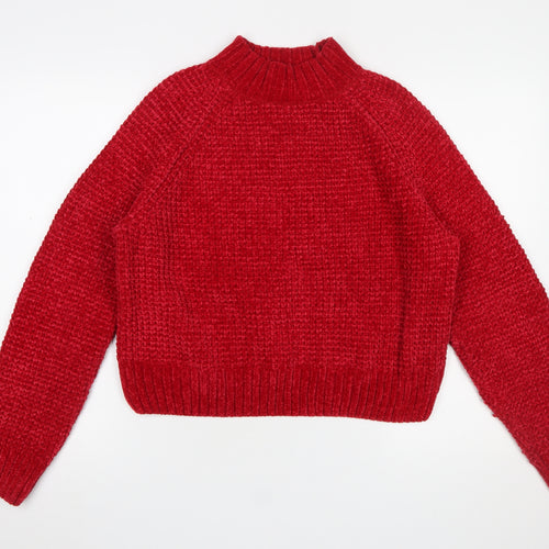 H&M Women’s Red Chunky-Knit Mock Neck Pullover Jumper Size 14