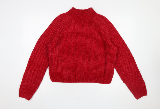 H&M Women’s Red Chunky-Knit Mock Neck Pullover Jumper Size 14