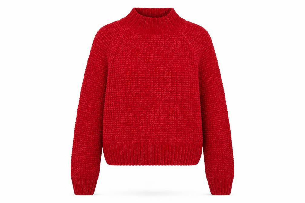 Front view of H&M Women’s Red Chunky-Knit Mock Neck jumper, size UK 14