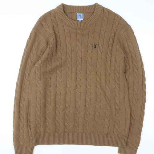 Next Men Brown Cable-Knit Crew Neck Jumper L Wool Blend Pullover