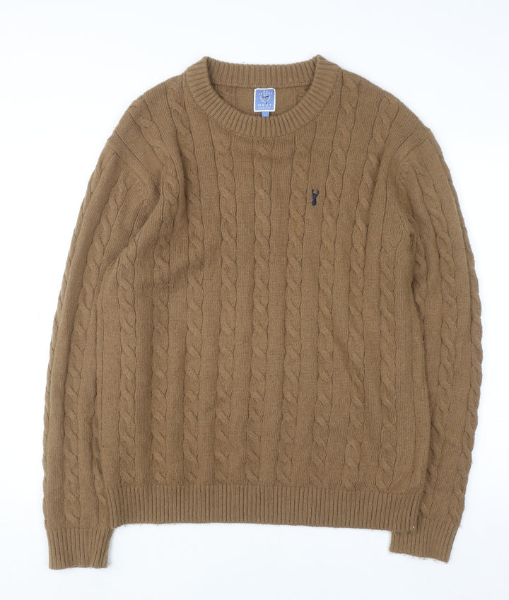 Next Men Brown Cable-Knit Crew Neck Jumper L Wool Blend Pullover