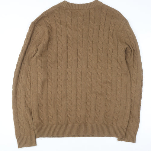 Next Men Brown Cable-Knit Crew Neck Jumper L Wool Blend Pullover