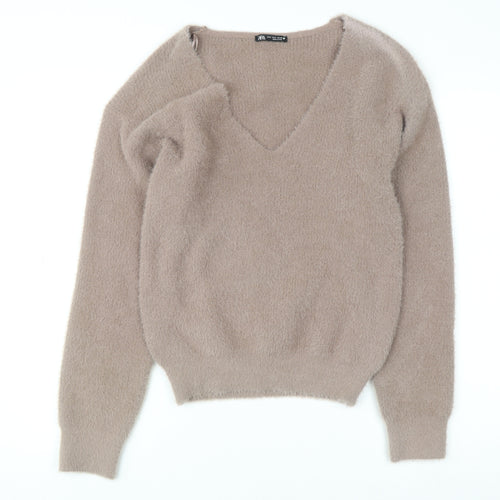 Zara Women Beige V-Neck Long Sleeve Knit Pullover Jumper Size S
